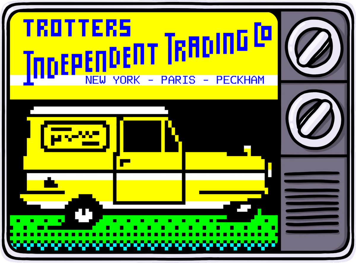 Retrotext branded graphic featuring a pixel art yellow van on a television screen with Trotters Independent Trading Co