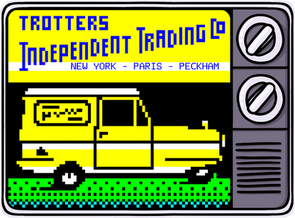 Retrotext branded graphic featuring a pixel art yellow van on a television screen with Trotters Independent Trading Co