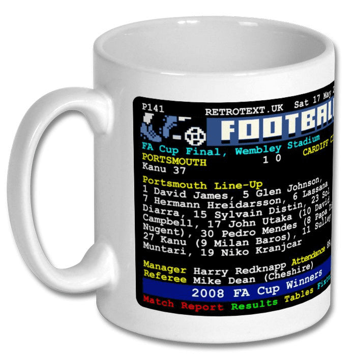 Retrotext Portsmouth 2008 FA Cup Winners Kanu teletext ceramic mug featuring match line-up and score details.