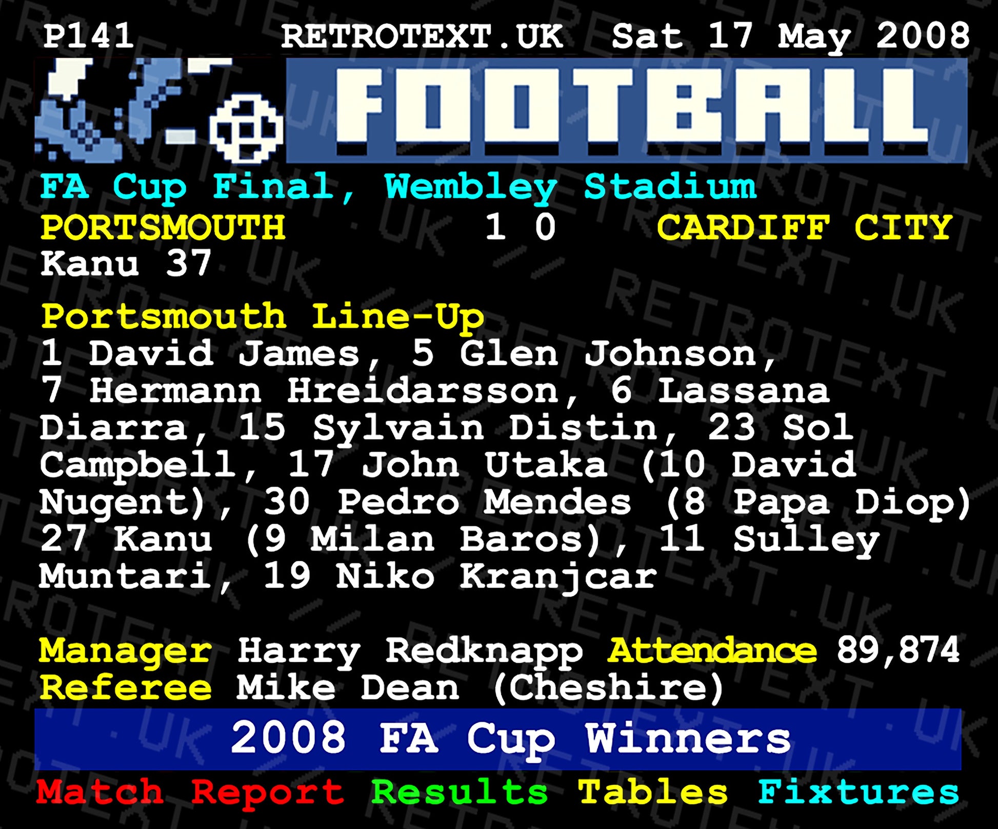 Retrotext Portsmouth 2008 FA Cup Winners mug featuring a nostalgic teletext graphic of the match line-up and score.
