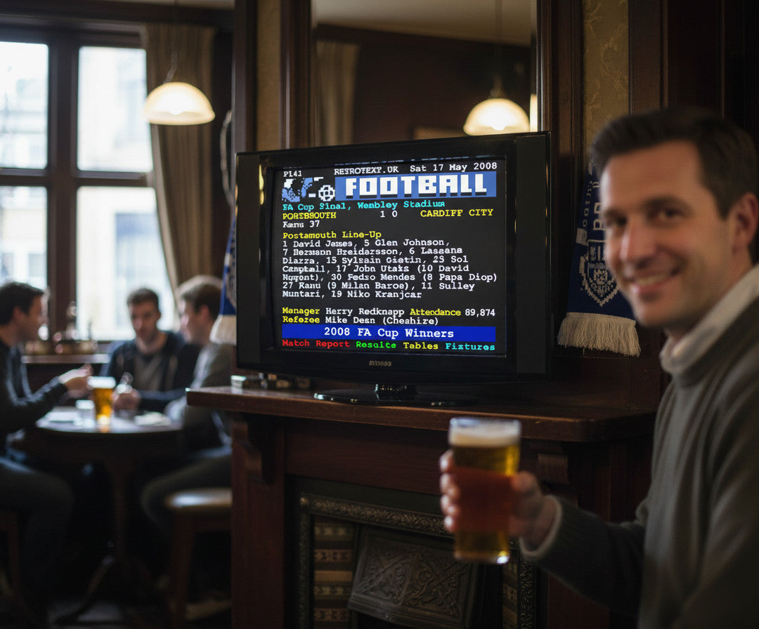 Retrotext Portsmouth 2008 FA Cup Winners Kanu Teletext mug displayed on a TV screen in a cozy pub setting