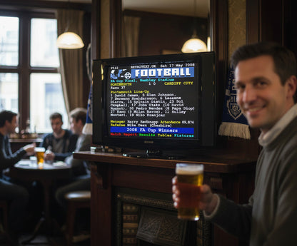 Retrotext Portsmouth 2008 FA Cup Winners Kanu Teletext mug displayed on a TV screen in a cozy pub setting