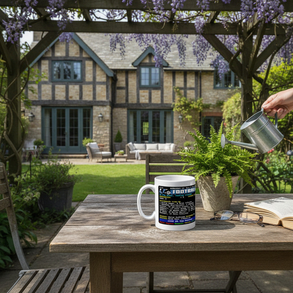 Retrotext Portsmouth 2008 FA Cup Winners Kanu teletext ceramic mug on a wooden garden table with a fern and book.