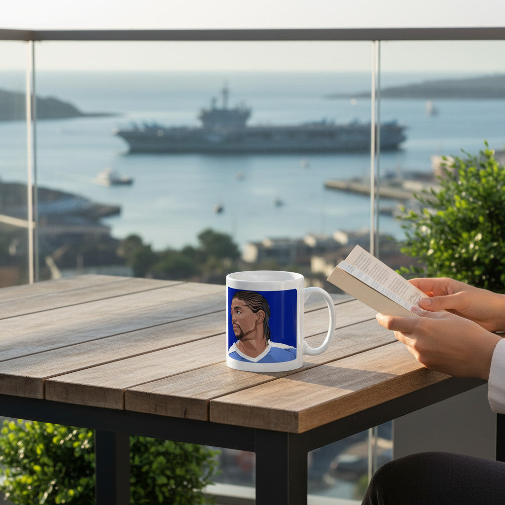 Retrotext Portsmouth 2008 FA Cup Kanu ceramic mug featuring a teletext-style graphic on a balcony overlooking the sea.