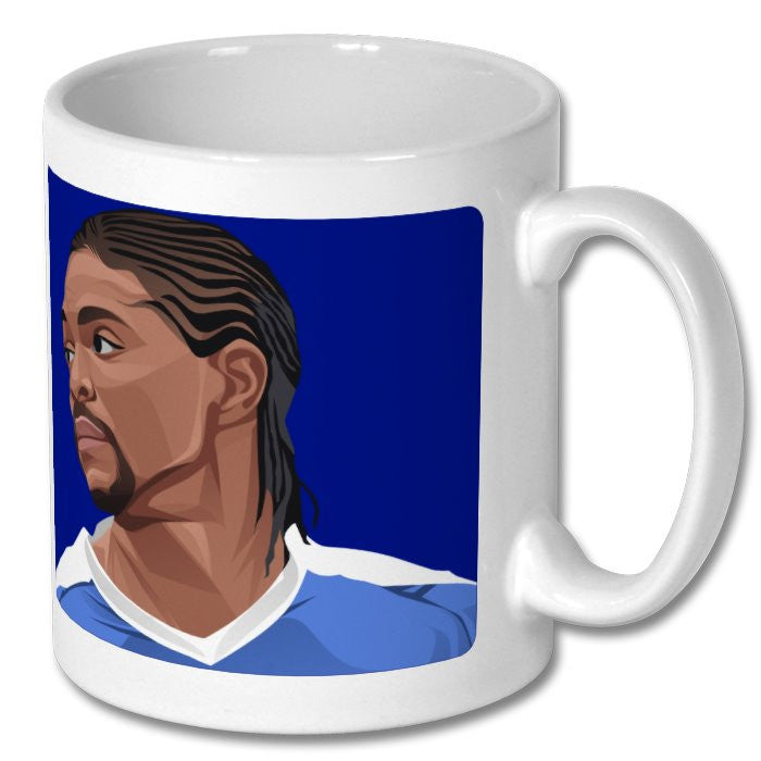 Retrotext Portsmouth 2008 FA Cup Winners Kanu ceramic mug featuring a blue and white graphic of the football player.