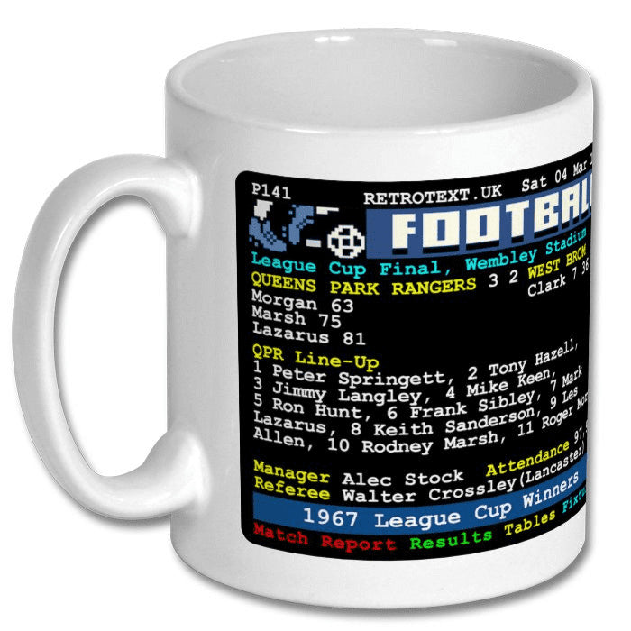 Retrotext QPR 1967 League Cup Winners ceramic mug featuring a vintage teletext football score graphic