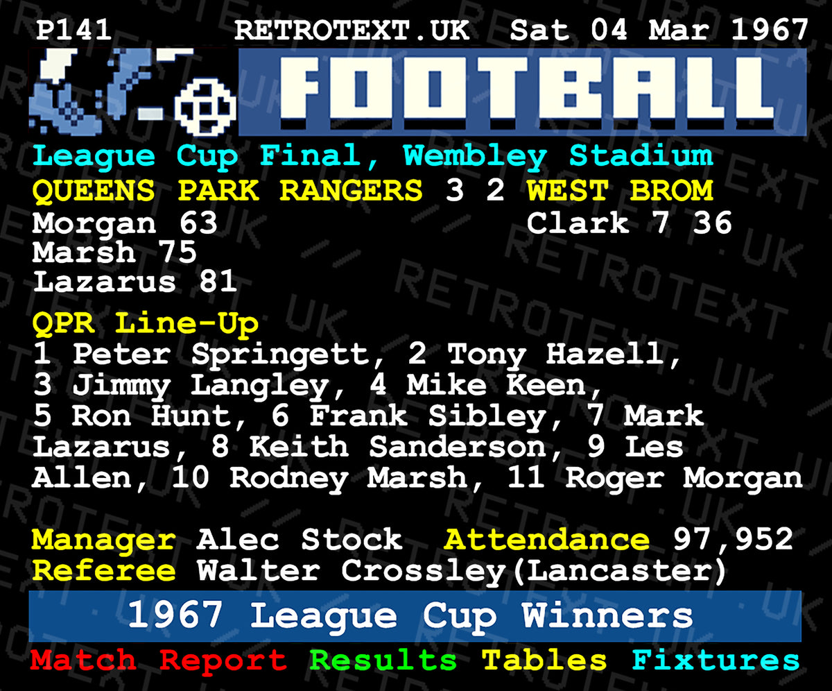 Retrotext QPR 1967 League Cup Winners ceramic mug featuring a vintage teletext graphic of the historic match report.
