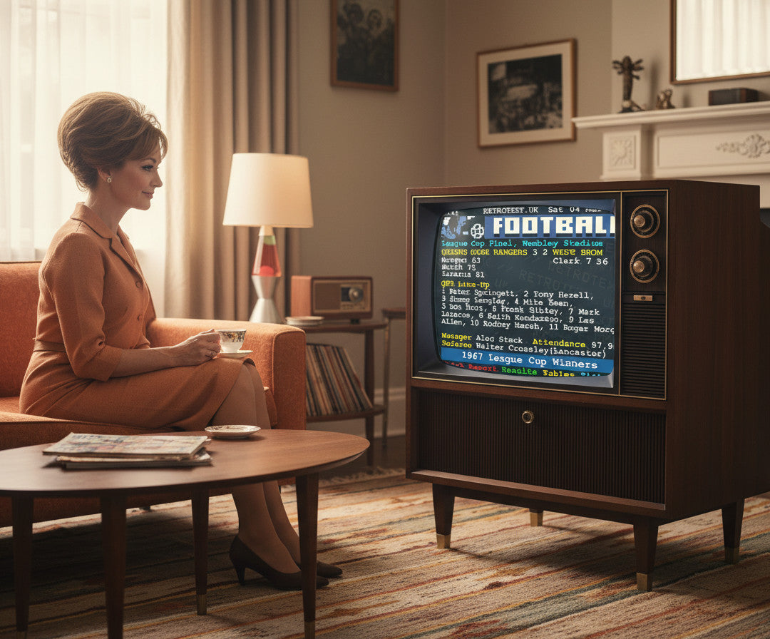 Retrotext QPR 1967 League Cup Winners teletext mug displayed on a vintage television screen in a 1960s style living room