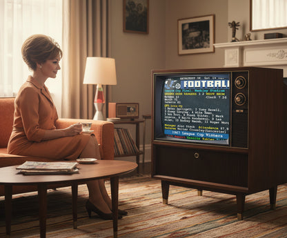 Retrotext QPR 1967 League Cup Winners teletext mug displayed on a vintage television screen in a 1960s style living room