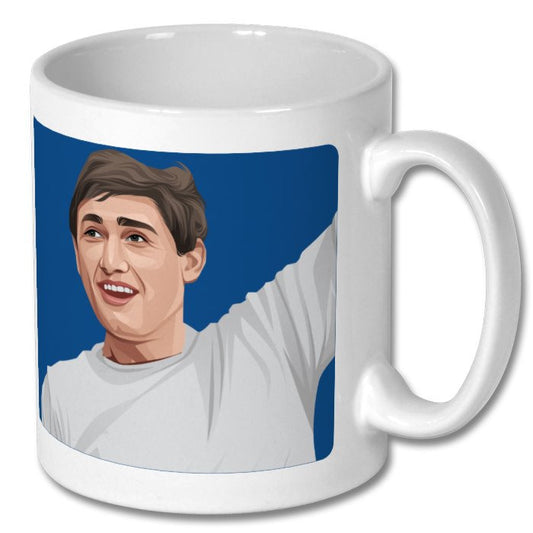 Retrotext white ceramic mug featuring a graphic illustration of QPR captain Mike Keen celebrating a 1967 cup victory.