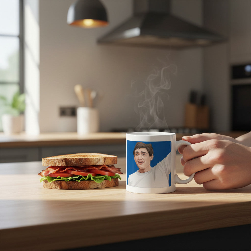 Retrotext ceramic mug featuring a Mike Keen 1967 QPR teletext graphic, held by a person next to a bacon sandwich.