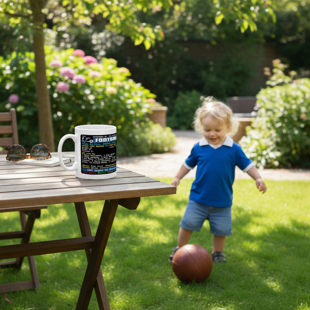 Retrotext QPR 1967 League Cup Winners mug with teletext design on a garden table near a toddler playing with a ball.