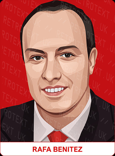 Retrotext personalised Liverpool Legends mug featuring a digital illustration of Rafa Benitez on a red background