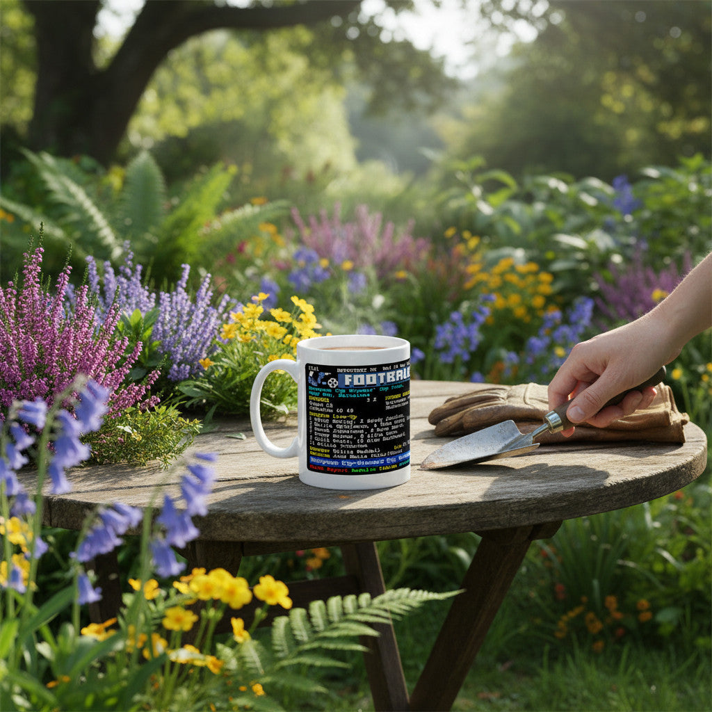 Retrotext Rangers 1972 European Cup Winners ceramic mug with John Greig illustration on a wooden garden table