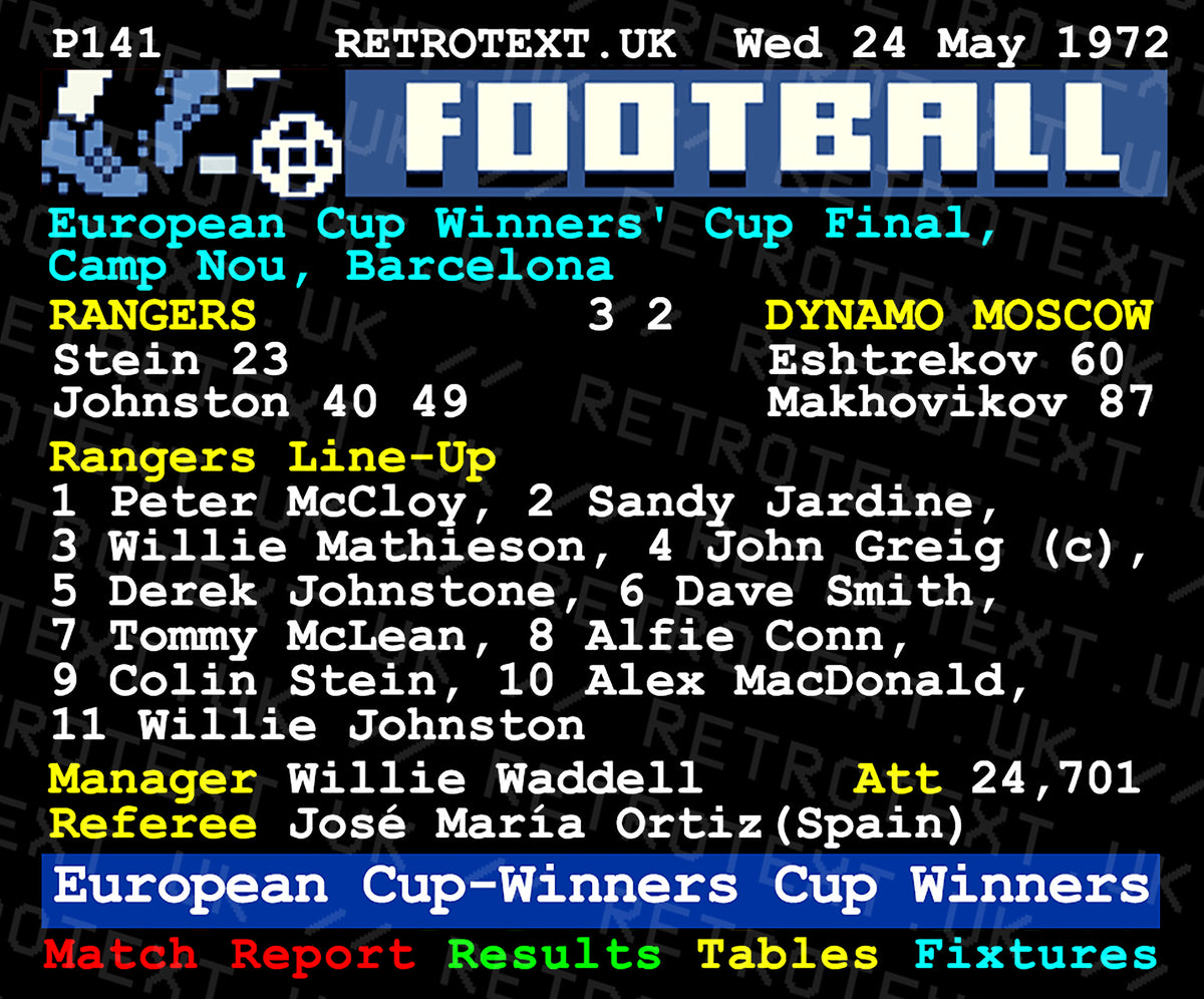 Retrotext Rangers 1972 European Cup Winners ceramic mug featuring a nostalgic teletext match report design