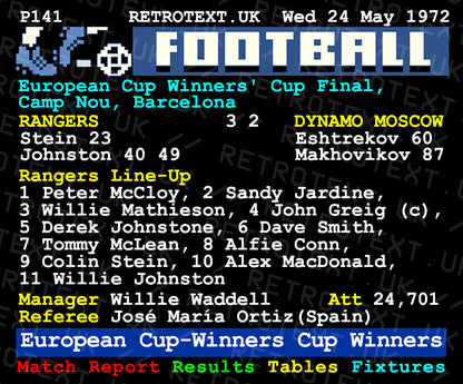 Retrotext Rangers 1972 European Cup Winners ceramic mug featuring a nostalgic teletext match report design