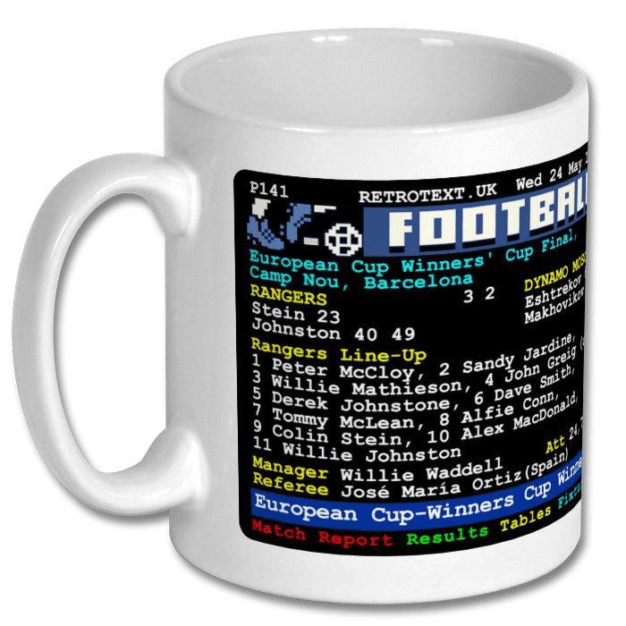 Retrotext Rangers 1972 European Cup Winners ceramic mug featuring a vintage teletext match report design