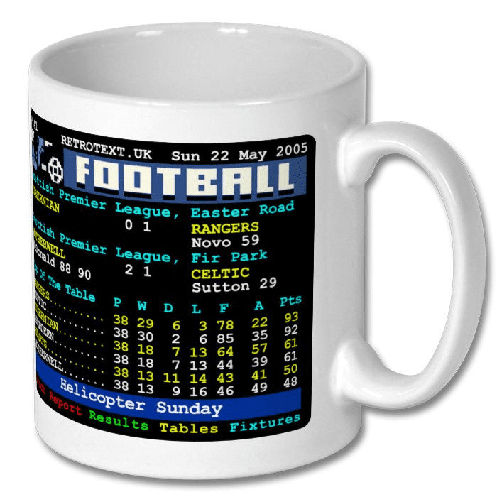 Retrotext Rangers 2005 Helicopter Sunday Teletext mug featuring a glossy white finish and iconic football score table
