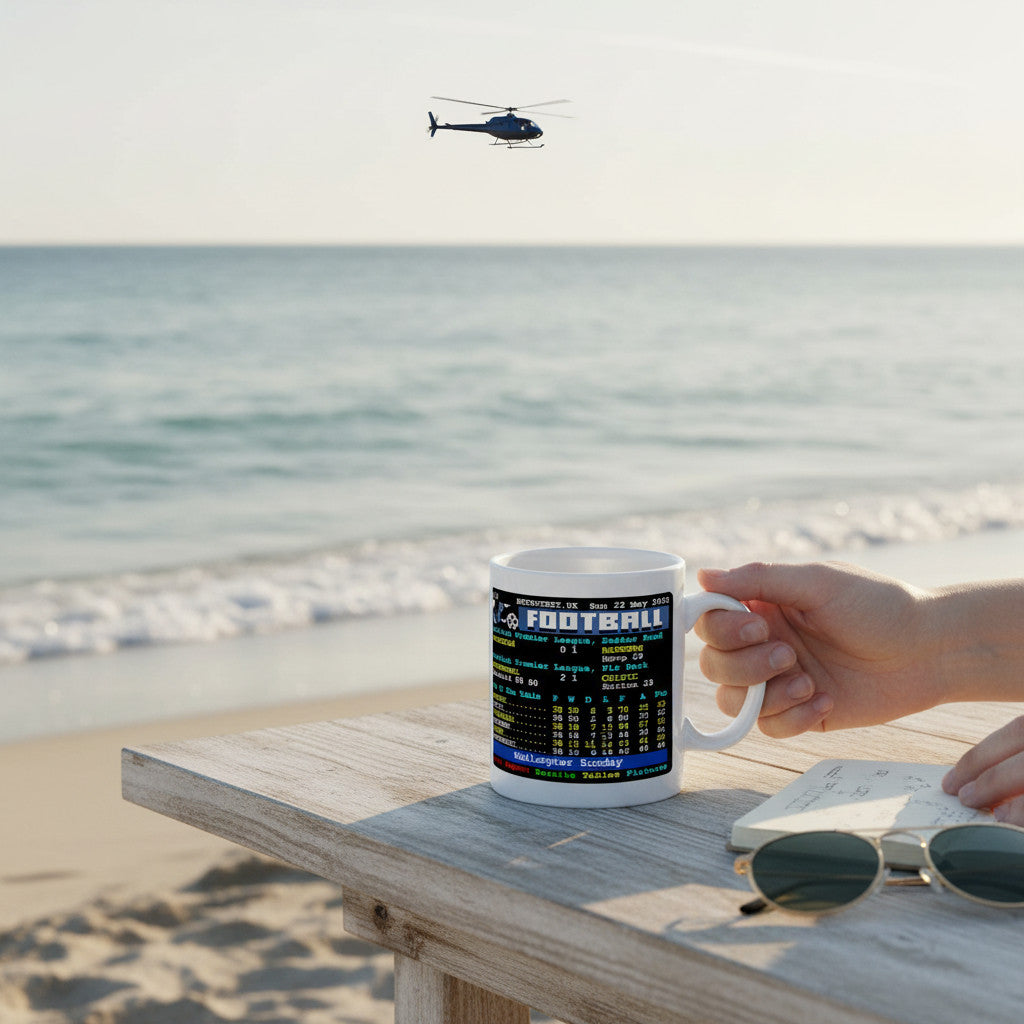 Retrotext Rangers 2005 Helicopter Sunday Teletext mug featuring a football score graphic on a beachside table