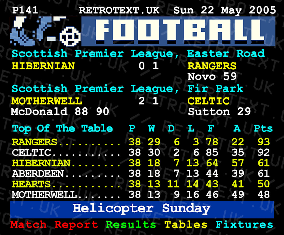 Retrotext Rangers 2005 Helicopter Sunday Teletext mug featuring the iconic SPL final day football scores and table.