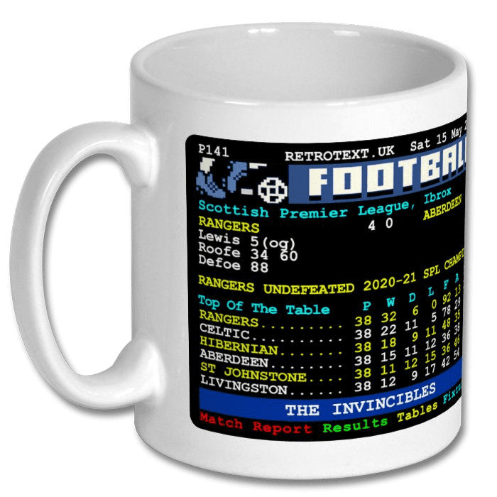 Retrotext Rangers 2021 Invincibles ceramic mug featuring a retro teletext graphic of the SPL league table and results.