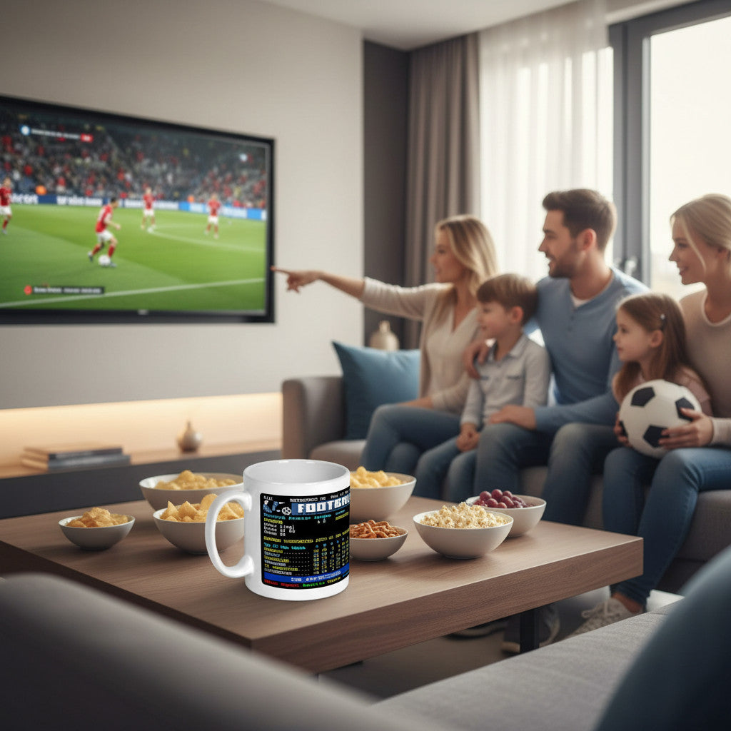 Retrotext Rangers 2021 Invincibles ceramic mug with teletext football stats design on a living room coffee table