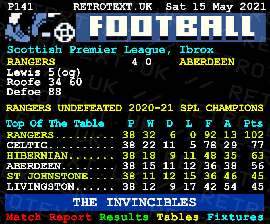 Retrotext Rangers 2021 Invincibles ceramic mug featuring a retro teletext style Scottish Premiership league table