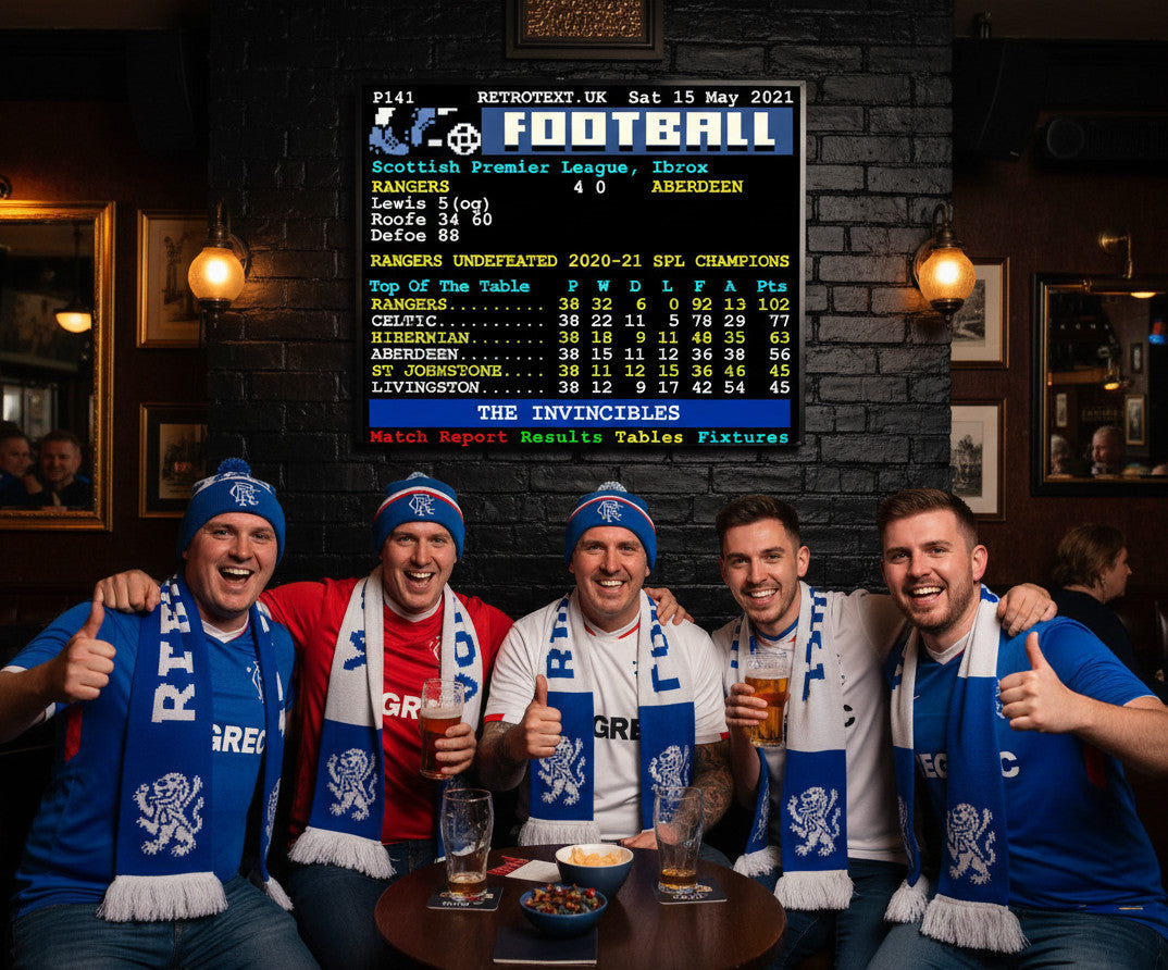 Retrotext Rangers 2021 Invincibles teletext ceramic mug featuring league table stats held by happy football fans