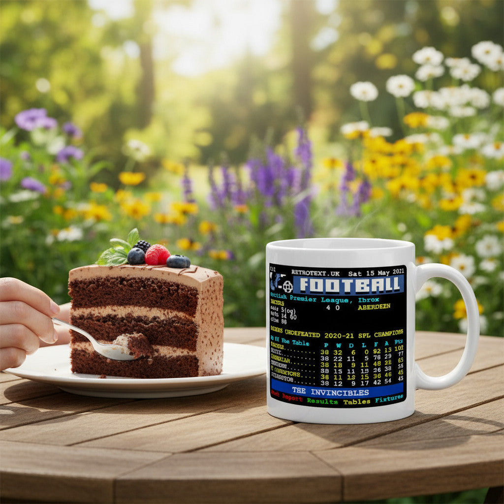 Retrotext Rangers 2021 Invincibles ceramic mug with teletext football graphic on a table next to a slice of cake.