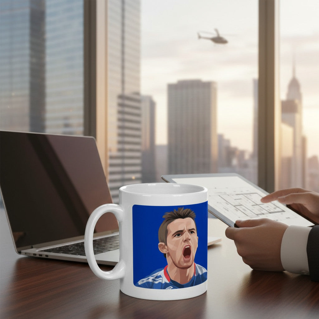 Retrotext Rangers 2005 SPL Champions Nacho Novo mug featuring a glossy white finish on a desk with a city view