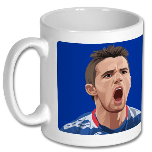 Retrotext Rangers 2005 Nacho Novo Helicopter Sunday glossy white 11oz ceramic mug with football player illustration