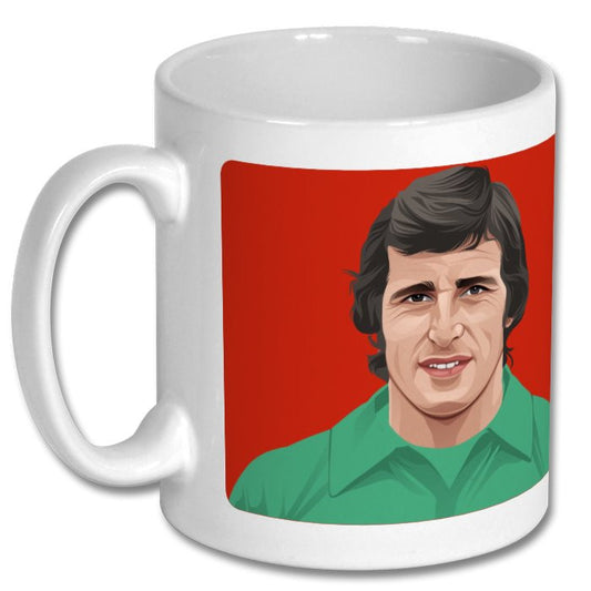 Retrotext 11oz white ceramic mug featuring a graphic illustration of Liverpool goalkeeper Ray Clemence
