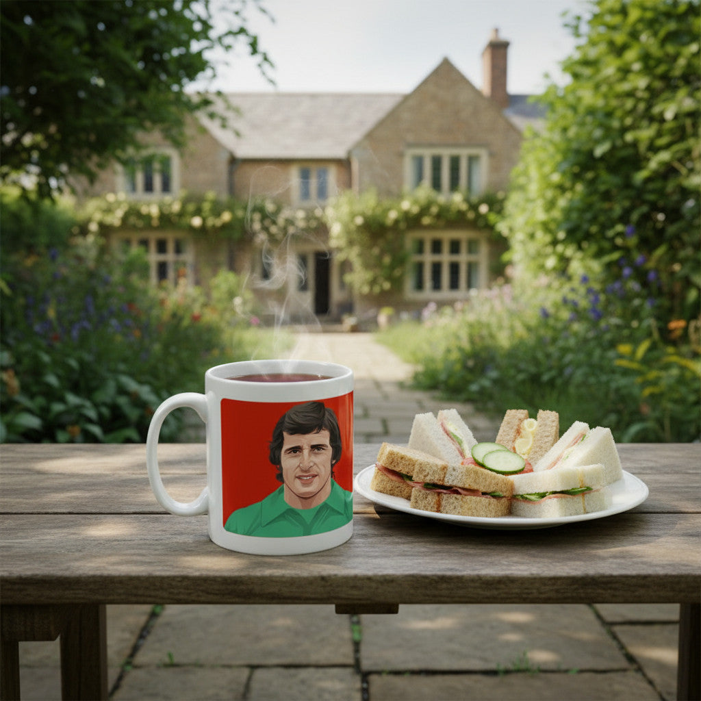 Retrotext Liverpool 1981 European Cup Winners Ray Clemence ceramic mug with tea, beside a plate of sandwiches.
