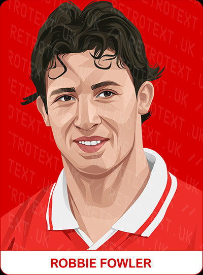 Retrotext personalised Liverpool Legends mug featuring a digital illustration of Robbie Fowler on a red background