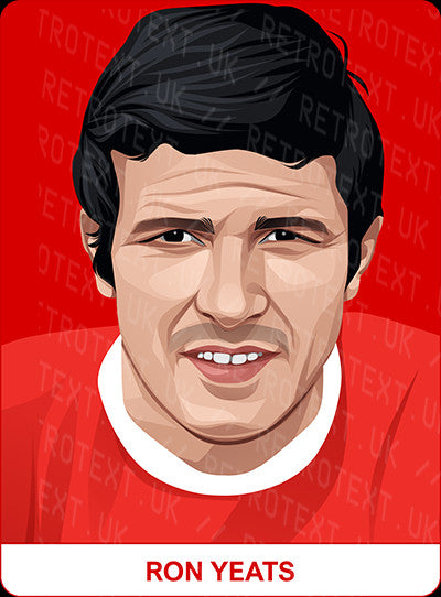 Retrotext personalised Liverpool Legends mug featuring a digital illustration of Ron Yeats on a red background.