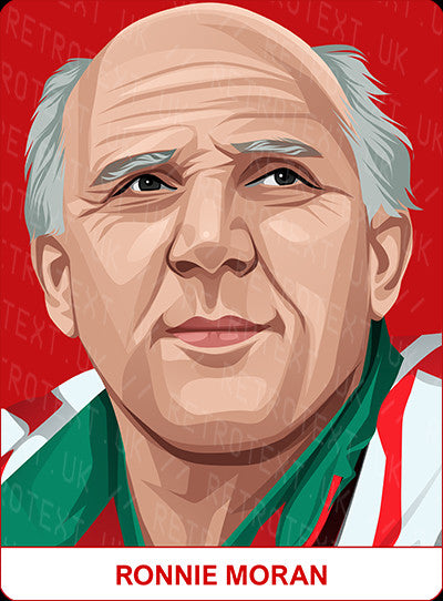 Retrotext personalised Liverpool Legends mug featuring a detailed illustration of Ronnie Moran on a red background.