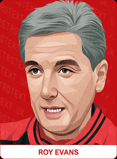 Retrotext personalised Liverpool Legends mug featuring a digital illustration of Roy Evans on a red background