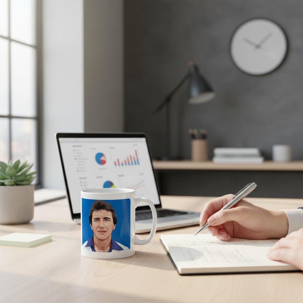 Retrotext 11oz glossy white mug featuring a graphic of Derby County captain Roy McFarland on a desk