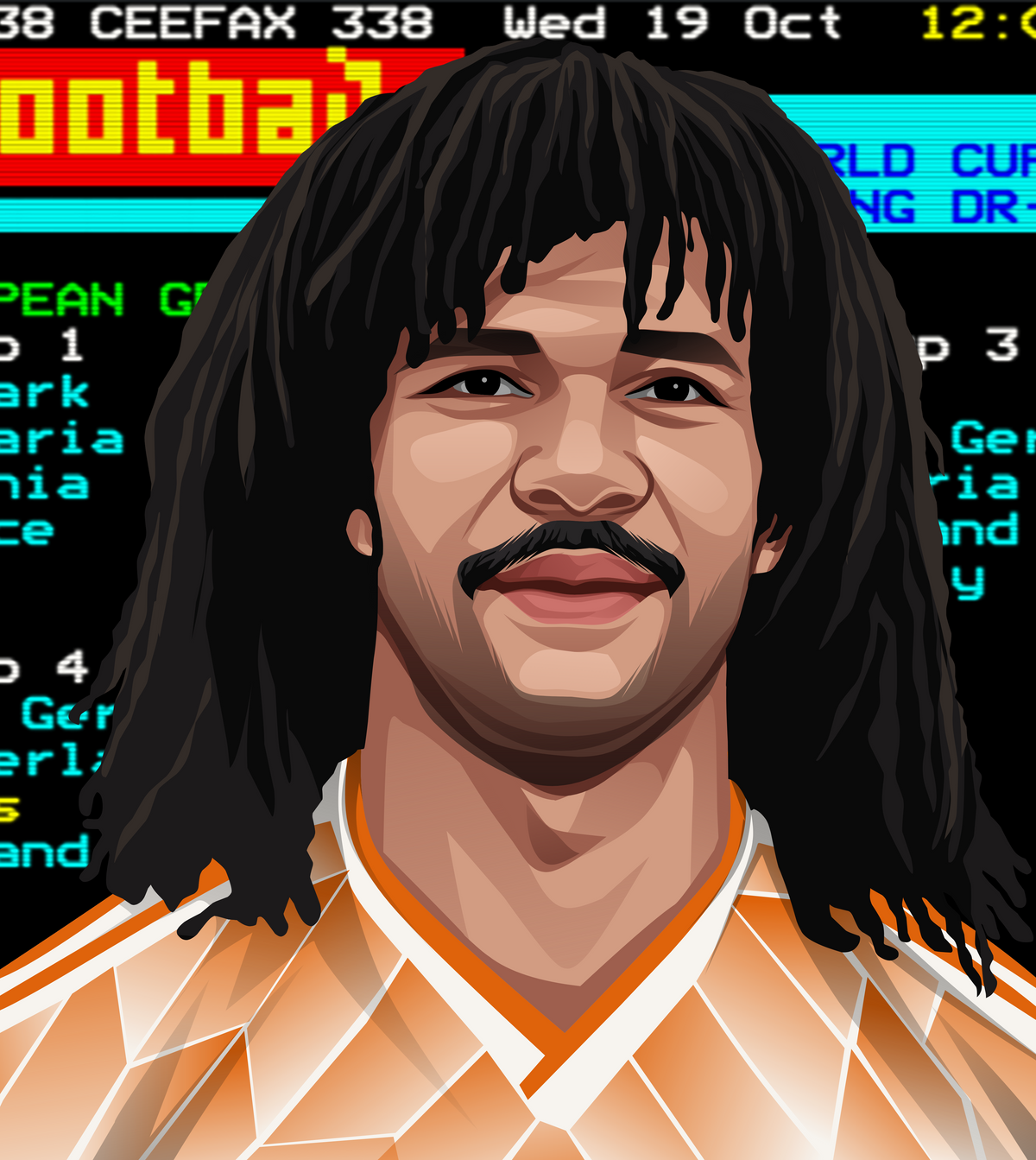 Retrotext illustration of Ruud Gullit in an orange Netherlands kit against a 1980s Ceefax football results background.