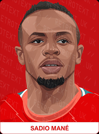 Retrotext personalised Liverpool Legends mug featuring a vibrant illustrated portrait of Sadio Mane in a red kit