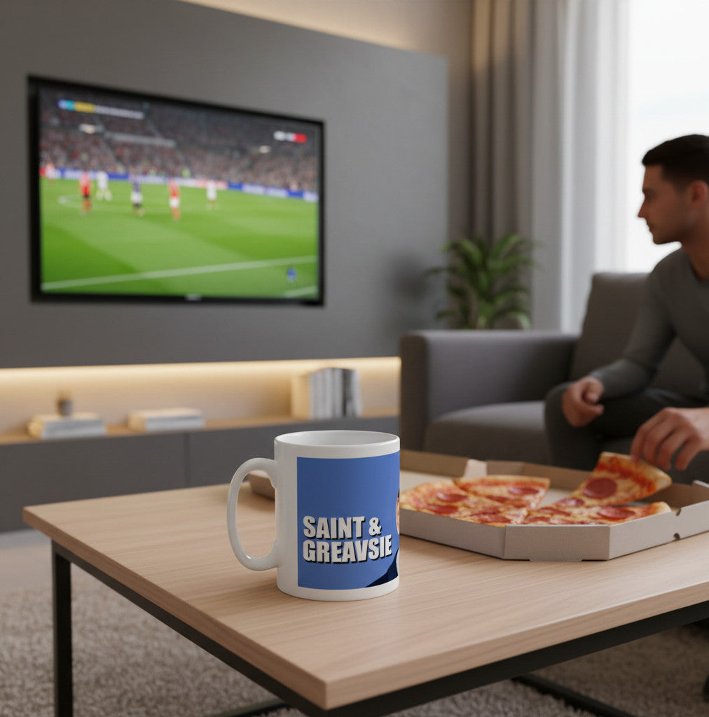 Retrotext Saint and Greavsie glossy white 11oz ceramic mug featuring football legends on a living room coffee table
