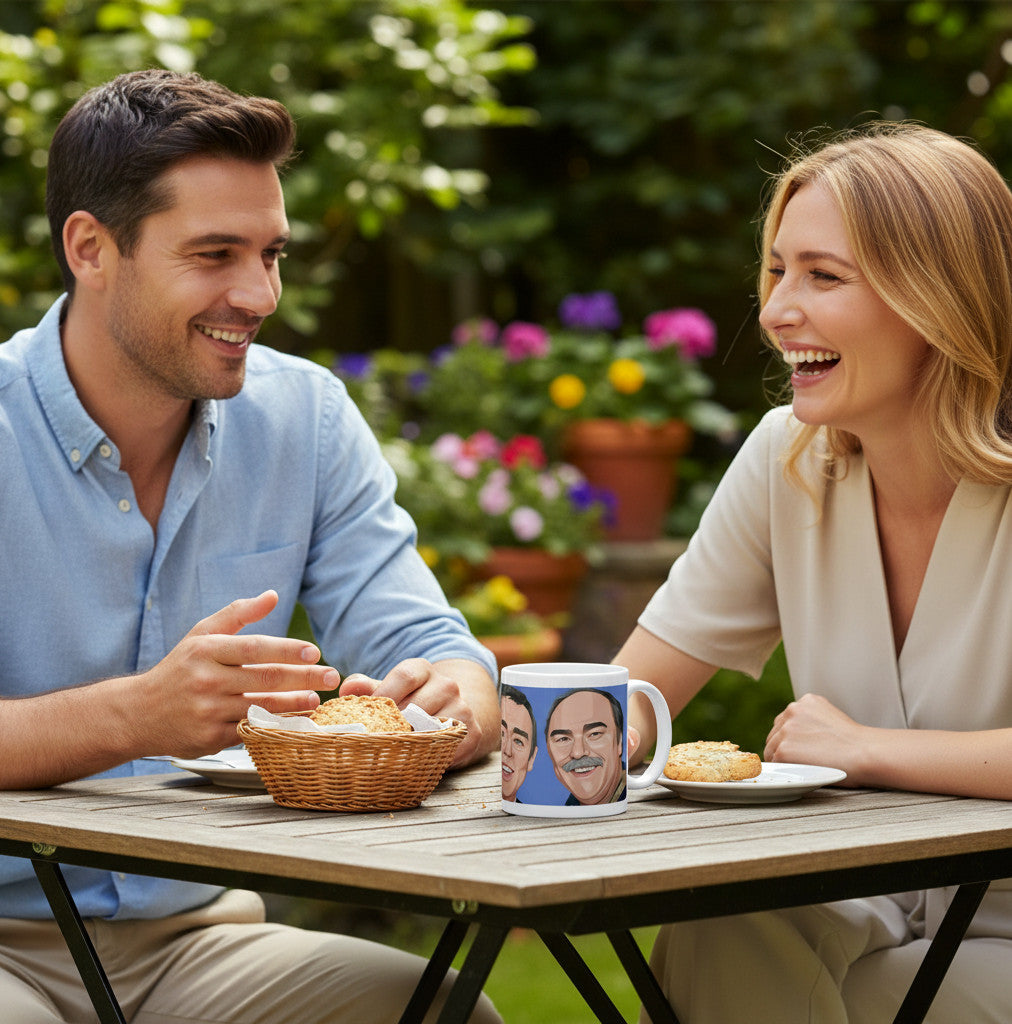 Retrotext Saint and Greavsie ceramic mug featuring football legends on a table with a couple laughing outdoors.