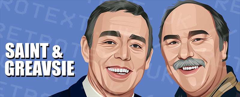 Retrotext Saint and Greavsie wraparound mug featuring a colourful illustration of the iconic football broadcasting duo.