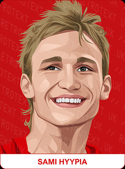 Retrotext personalised Liverpool Legends mug featuring a vibrant illustrated portrait of Sami Hyypia on red background