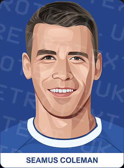 Retrotext Everton Seamus Coleman portrait illustration on a glossy white 11oz mug with a blue background