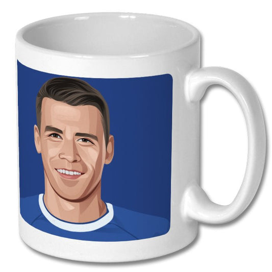 Retrotext white 11oz ceramic mug featuring a graphic illustration of Everton footballer Seamus Coleman