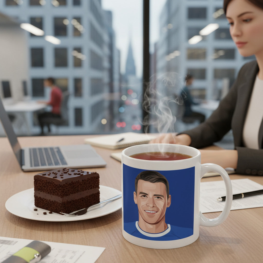 Retrotext glossy white 11oz mug featuring a Seamus Coleman illustration on a desk with cake and office background