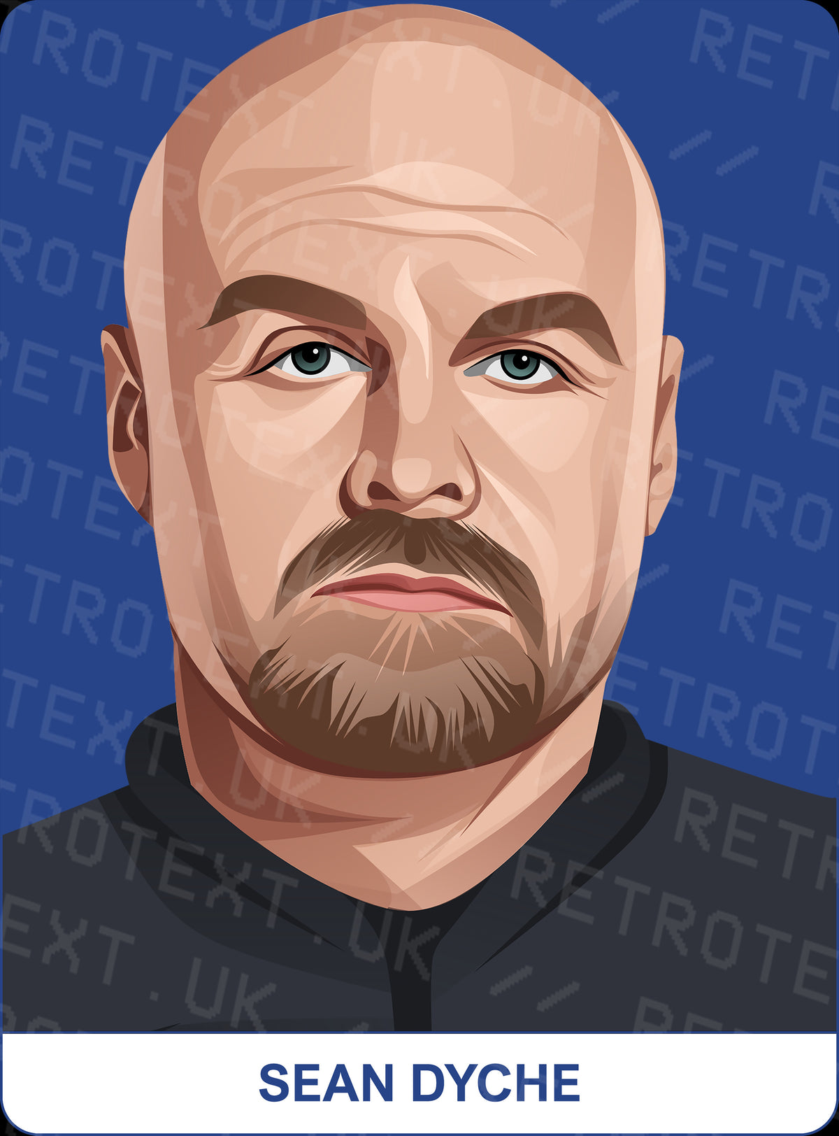 Retrotext Everton Goodison Park mug featuring a detailed digital illustration of Sean Dyche on a blue background