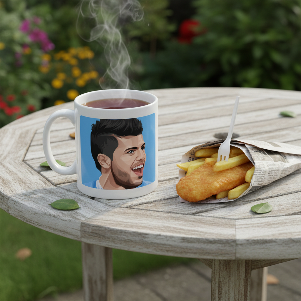 Retrotext ceramic mug featuring Sergio Aguero illustration on a table with fish and chips in a garden setting