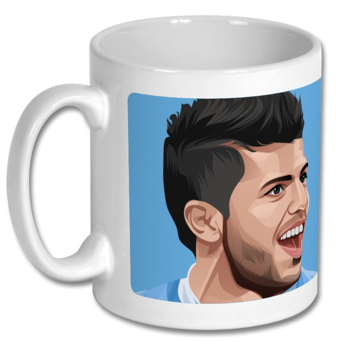 Retrotext Manchester City ceramic mug featuring a vibrant illustration of Sergio Aguero on a light blue background.